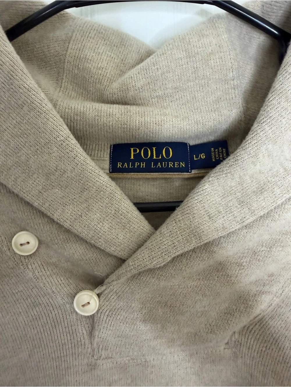 Ralph Lauren Beige V-Neck Shawl Sweater with Green Pony
